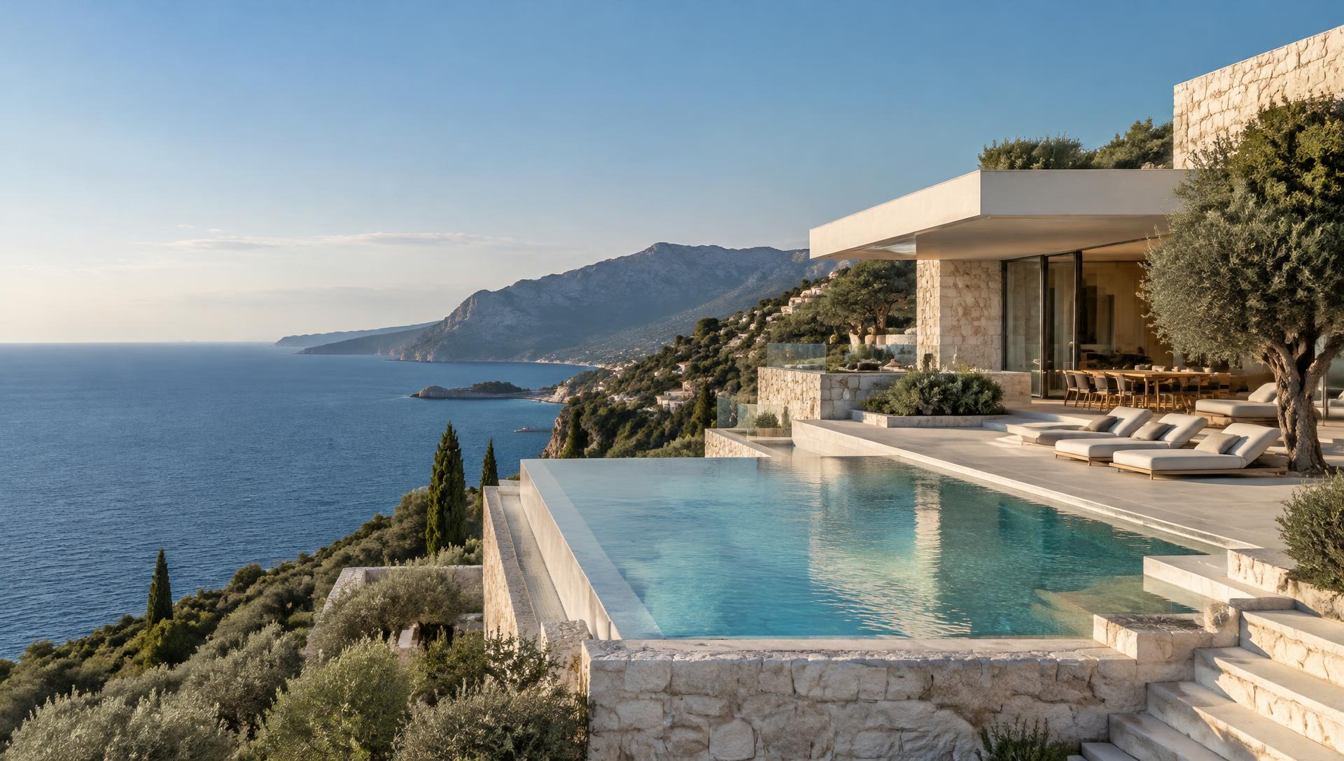 Contemporary stone villa and infinity pool overlooking the Ionian Sea