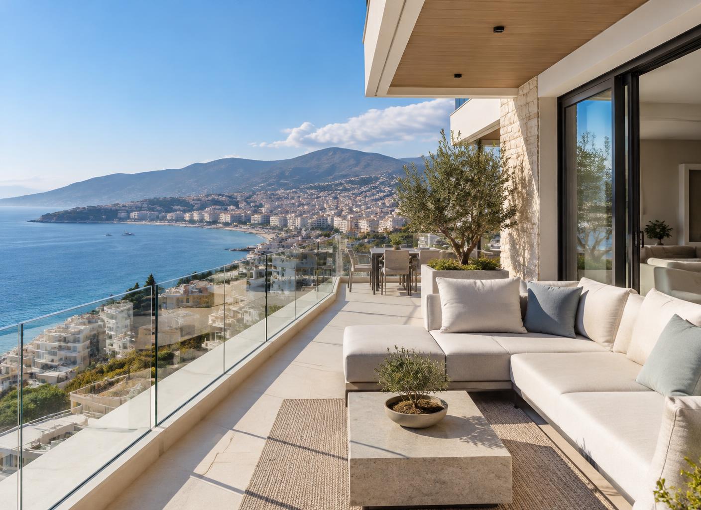 Sunlit coastal terrace with expansive views of Sarandë